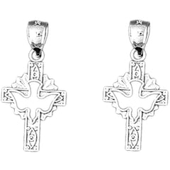 Sterling Silver 25mm Dove and Cross Earrings