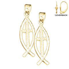 Sterling Silver 31mm Cross In Fish Earrings (White or Yellow Gold Plated)