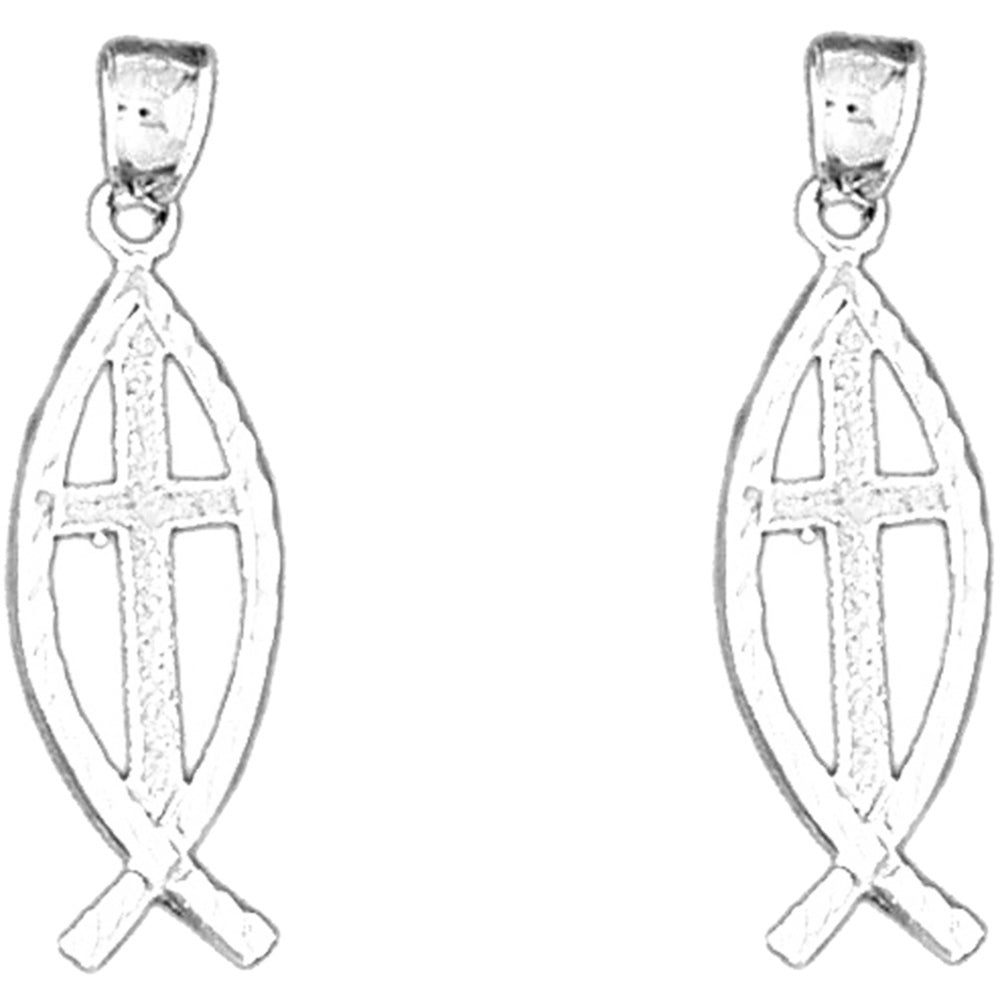 Sterling Silver 31mm Cross In Fish Earrings