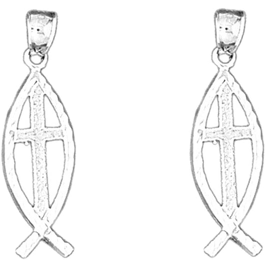 Sterling Silver 31mm Cross In Fish Earrings