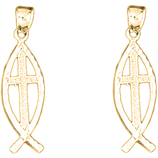 Yellow Gold-plated Silver 31mm Cross In Fish Earrings
