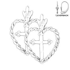 Sterling Silver 20mm Cross In Heart Earrings (White or Yellow Gold Plated)