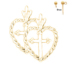 Sterling Silver 20mm Cross In Heart Earrings (White or Yellow Gold Plated)