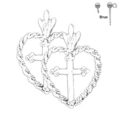 Pendientes de plata de ley con cruz en forma de corazón de 20 mm (chapados en oro blanco o amarillo)