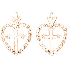 14K or 18K Gold 20mm Cross In Heart Earrings