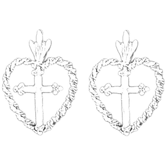 Sterling Silver 20mm Cross In Heart Earrings