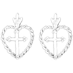 Sterling Silver 20mm Cross In Heart Earrings