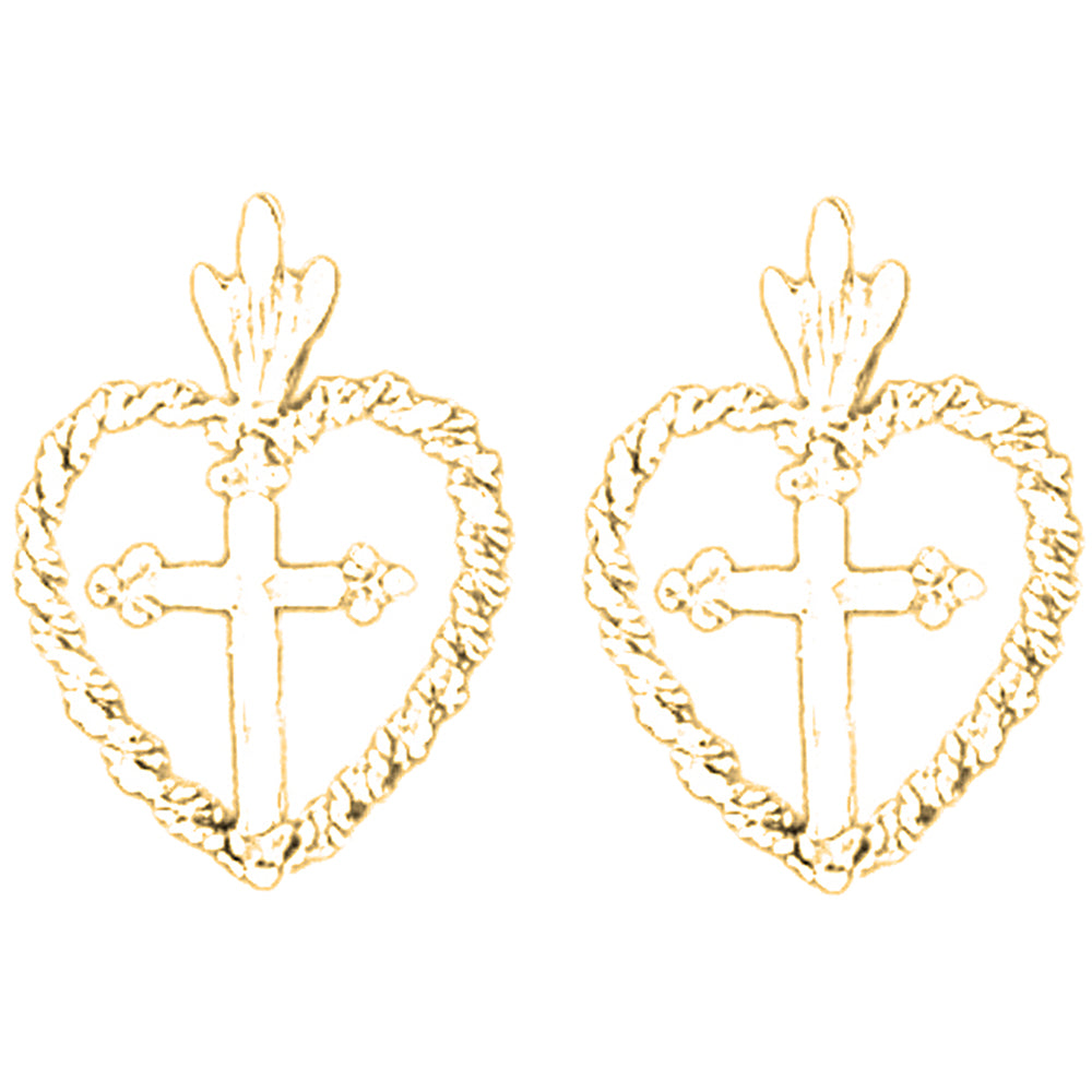 14K or 18K Gold 20mm Cross In Heart Earrings