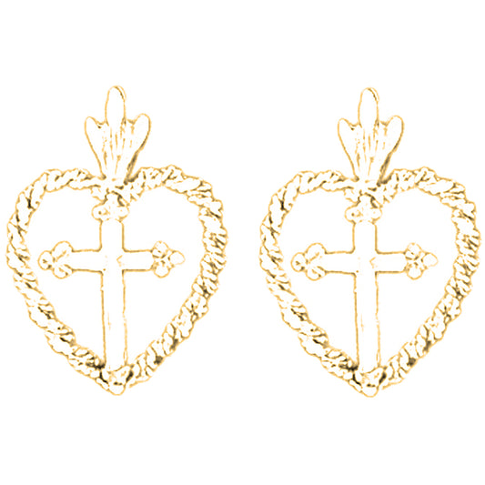 Yellow Gold-plated Silver 20mm Cross In Heart Earrings