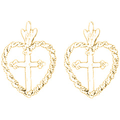 14K or 18K Gold 20mm Cross In Heart Earrings