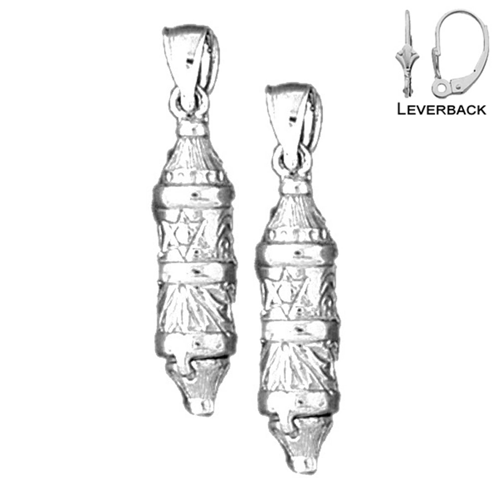 Sterling Silver 29mm Torah Scroll Earrings (White or Yellow Gold Plated)