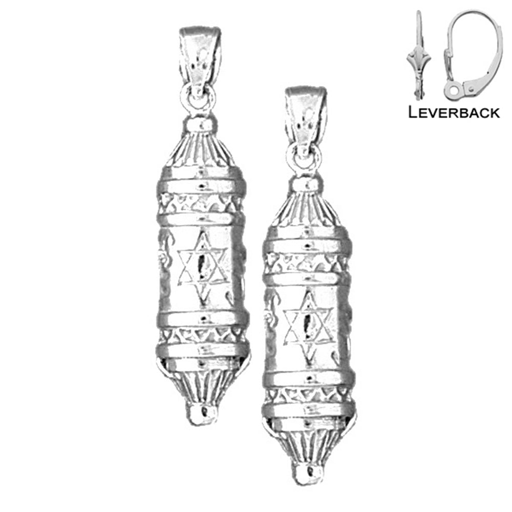 Sterling Silver 34mm Torah Scroll Earrings (White or Yellow Gold Plated)