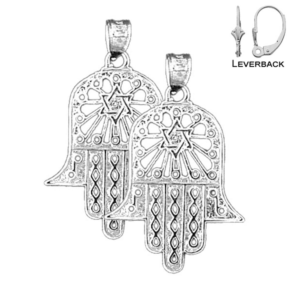 Sterling Silver 30mm Hamsa & Star of David Earrings (White or Yellow Gold Plated)