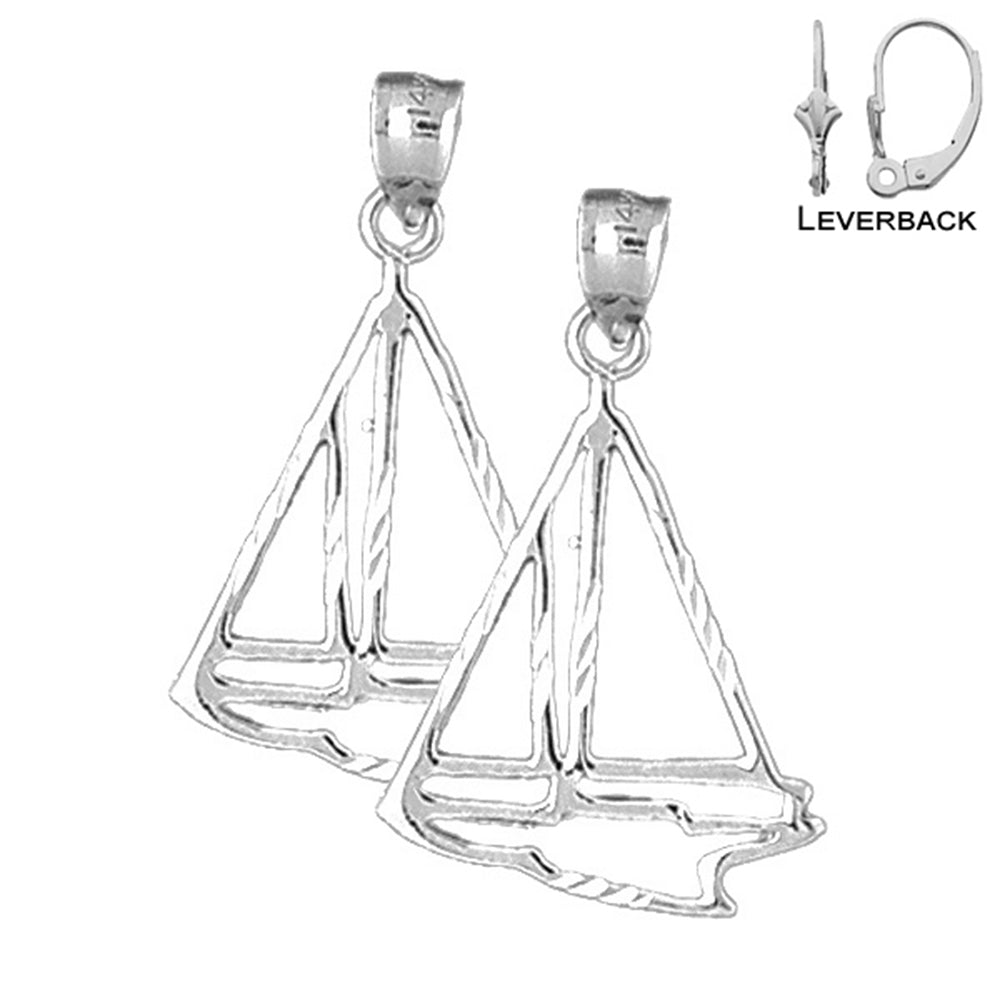 Sterling Silver 31mm Sailboat Earrings (White or Yellow Gold Plated)