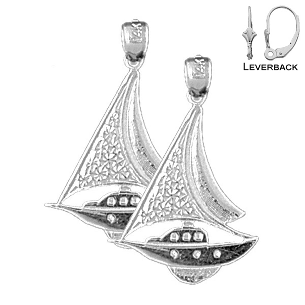 Sterling Silver 27mm Sailboat Earrings (White or Yellow Gold Plated)