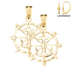 Sterling Silver 27mm Ships Wheel With Anchor Earrings (White or Yellow Gold Plated)