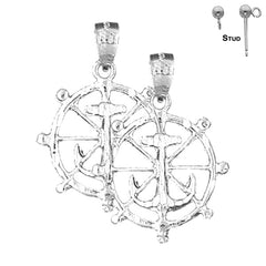 Sterling Silver 27mm Ships Wheel With Anchor Earrings (White or Yellow Gold Plated)