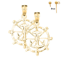 Sterling Silver 27mm Ships Wheel With Anchor Earrings (White or Yellow Gold Plated)