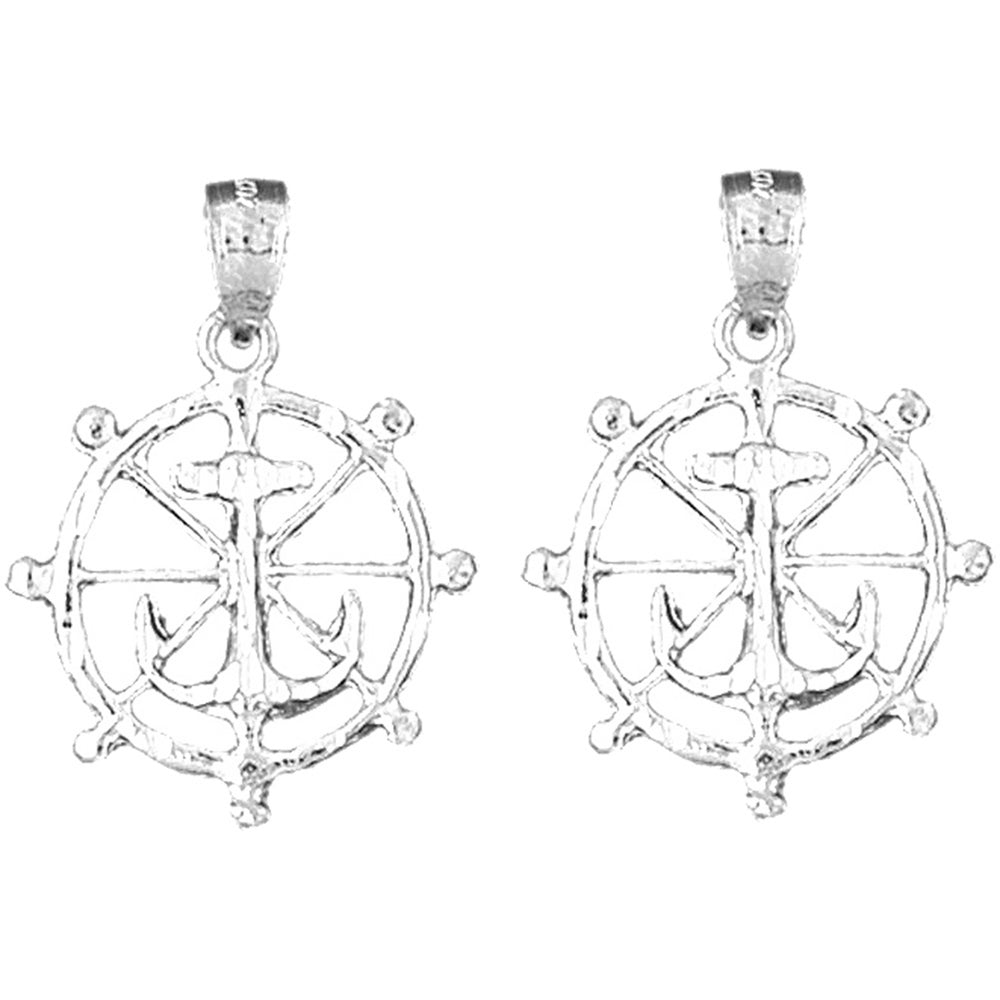 Sterling Silver 27mm Ships Wheel With Anchor Earrings
