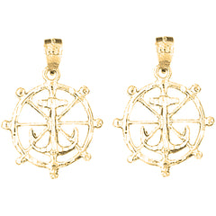 Yellow Gold-plated Silver 27mm Ships Wheel With Anchor Earrings