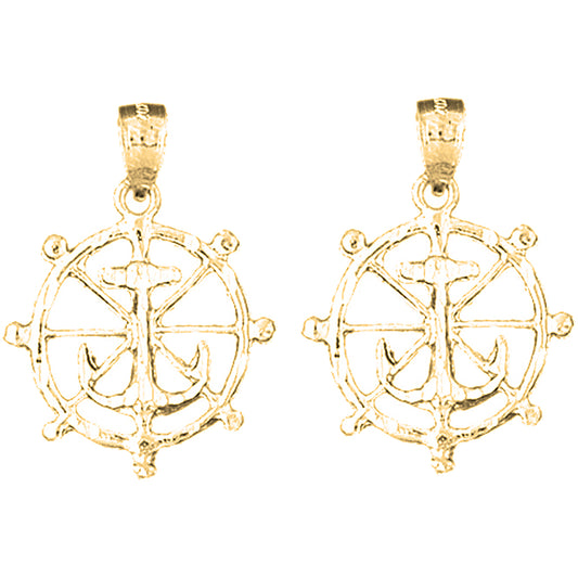14K or 18K Gold 27mm Ships Wheel With Anchor Earrings