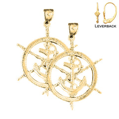 Sterling Silver 43mm Ships Wheel With Anchor Earrings (White or Yellow Gold Plated)