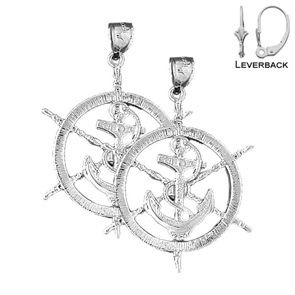 Sterling Silver 43mm Ships Wheel With Anchor Earrings (White or Yellow Gold Plated)