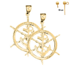 Sterling Silver 43mm Ships Wheel With Anchor Earrings (White or Yellow Gold Plated)