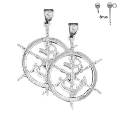 Sterling Silver 43mm Ships Wheel With Anchor Earrings (White or Yellow Gold Plated)