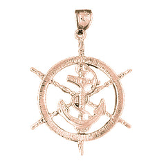 10K, 14K or 18K Gold Ships Wheel With Anchor Pendant