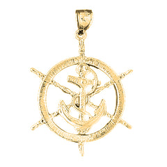 10K, 14K or 18K Gold Ships Wheel With Anchor Pendant