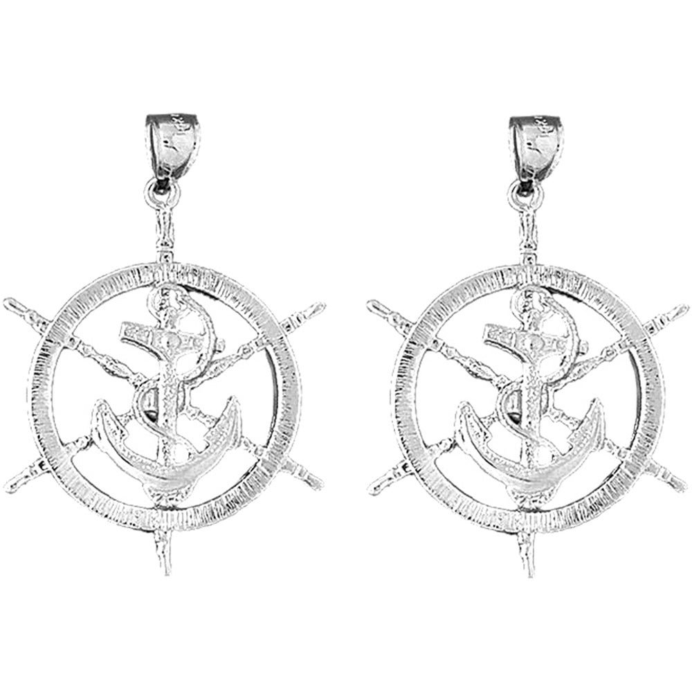Sterling Silver 43mm Ships Wheel With Anchor Earrings