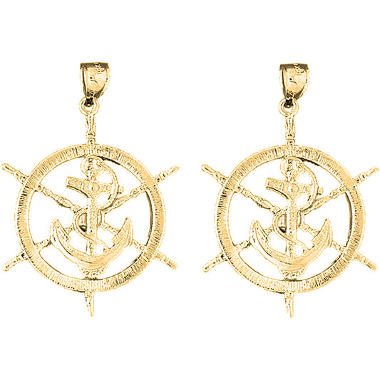 14K or 18K Gold 43mm Ships Wheel With Anchor Earrings