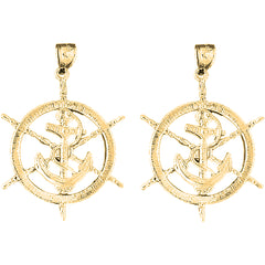 14K or 18K Gold 43mm Ships Wheel With Anchor Earrings