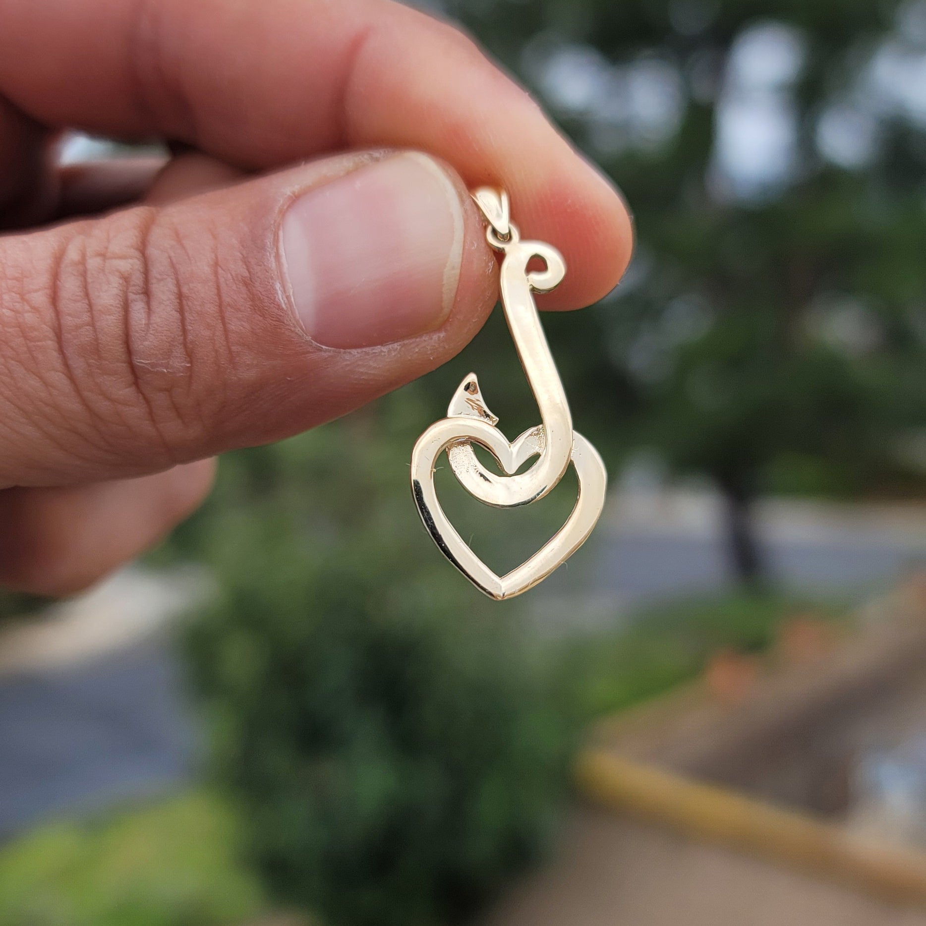 10K, 14K or 18K Gold Fish Hook With Heart Pendant