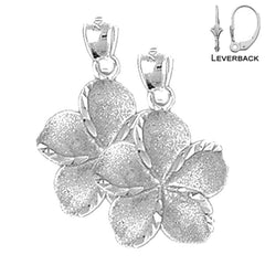 Sterling Silver 24mm Plumeria Flower Earrings (White or Yellow Gold Plated)