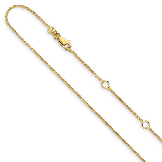 14K Yellow Gold 1mm Spiga (Wheat) 1in+1in Adjustable Chain