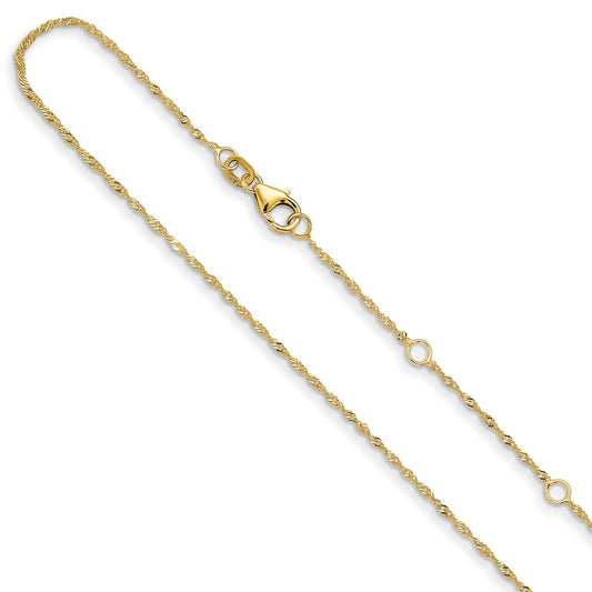 14K Yellow Gold 1.25mm Singapore 1in+1in Adjustable Chain