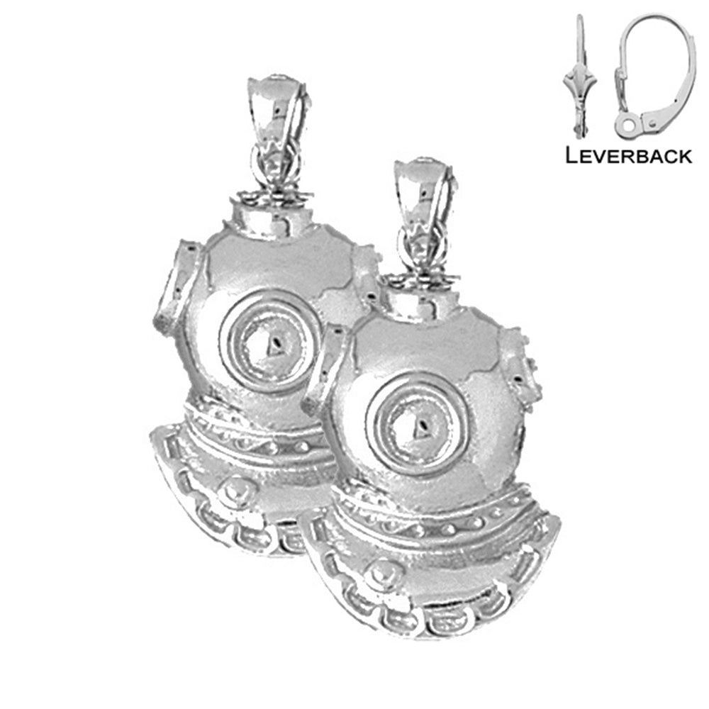 Sterling Silver 30mm Diving Helmet Earrings (White or Yellow Gold Plated)