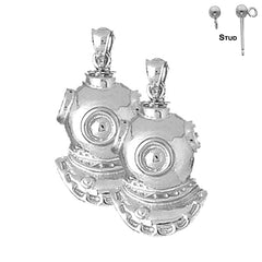 Sterling Silver 30mm Diving Helmet Earrings (White or Yellow Gold Plated)