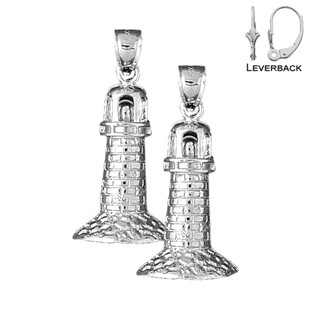 Sterling Silver 34mm Lighthouse Earrings (White or Yellow Gold Plated)