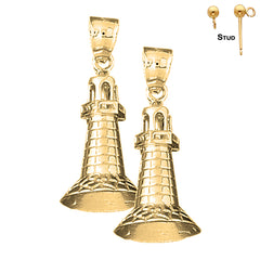 Sterling Silver 33mm 3D Lighthouse Earrings (White or Yellow Gold Plated)