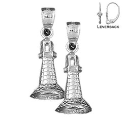 Sterling Silver 25mm 3D Lighthouse Earrings (White or Yellow Gold Plated)