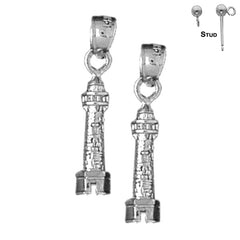 Sterling Silver 22mm 3D Lighthouse Earrings (White or Yellow Gold Plated)