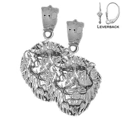 Sterling Silver 21mm Lion Head Earrings (White or Yellow Gold Plated)