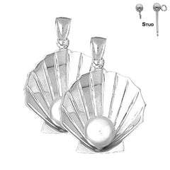 Sterling Silver 33mm 3D Shell With Pearl Earrings (White or Yellow Gold Plated)