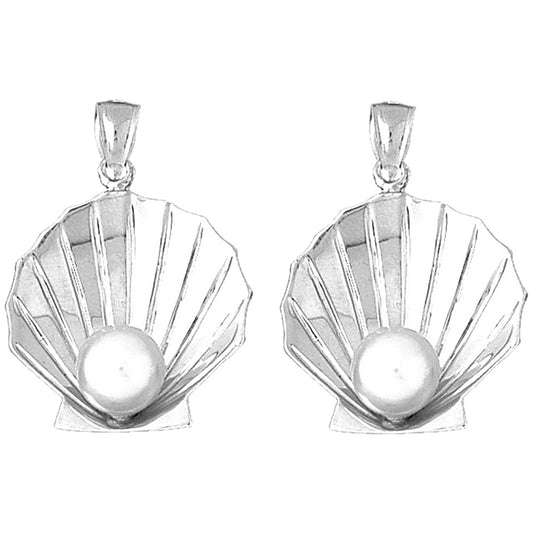 Sterling Silver 33mm 3D Shell With Pearl Earrings