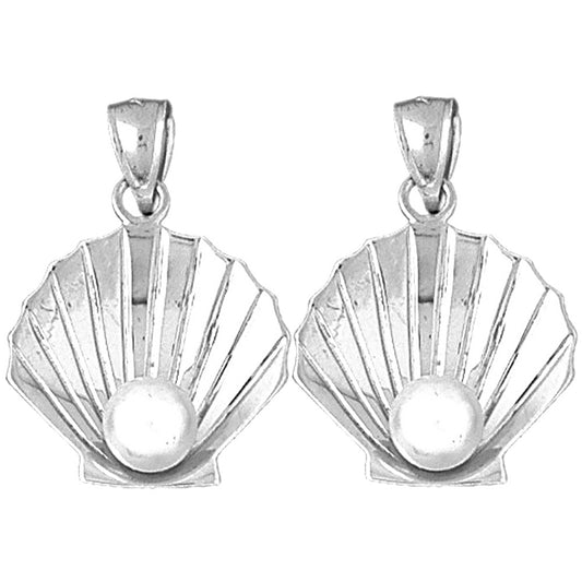 Sterling Silver 28mm 3D Shell With Pearl Earrings