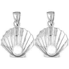 Sterling Silver 28mm 3D Shell With Pearl Earrings