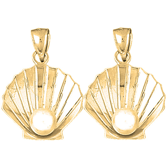 Yellow Gold-plated Silver 28mm 3D Shell With Pearl Earrings